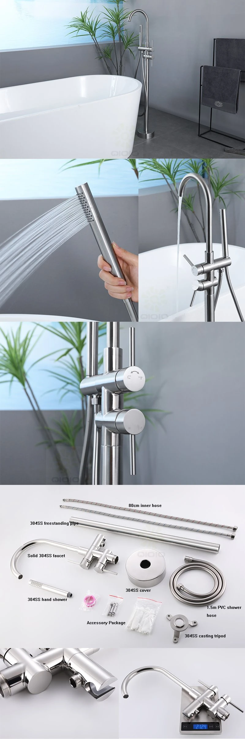 Stainless Steel Free Lead Floor Mounted Brushed Standing Bathtub Shower Faucet