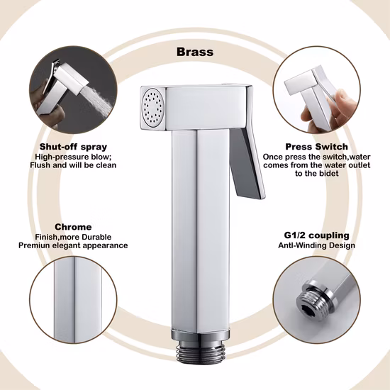 Pistola a spruzzo per bidet cromata quadrata, spruzzatore per bidet in ottone portatile, spruzzo per bidet Shattaf per WC